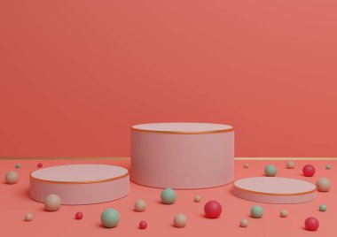 Parlak, neon, somon pembe üç boyutlu üç boyutlu sunum ürün sergisi altın çizgileri ve renkli misketler ürün sunumu veya sahne arkası lüks ürünler veya eğlenceli şekerler için