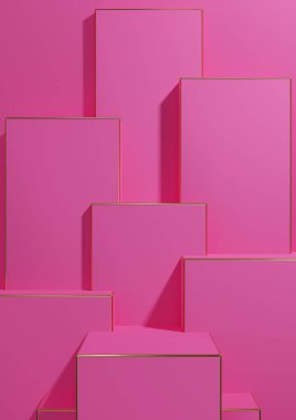 Parlak mor, neon pembesi 3D basit, minimal, geometrik arkaplan ürünü lüks ürünlerin duvar kağıdı reklamları için temel altın çizgiler sergiliyor.