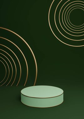 Koyu yeşil 3D görüntüleme minimal ürün lüks silindir podyum veya ürün arkaplan soyut bileşimi altın çizgiler ve daireler