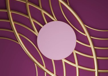 Koyu morumsu, mor 3D rendelenmiş ürün düz podyum silindirli duruş lüks soyut kompozisyon ve kozmetik ürünler için altın çizgiler yukarıdan en az görünüm arkaplanı