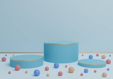 Açık, pastel, bebek mavisi, üç podyumun 3 boyutlu sunumu ürün sunumu için altın çizgiler ve renkli misketlerle sergileniyor.