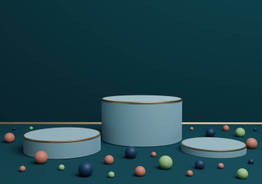Koyu deniz mavisi, su mavisi, üç podyumun üç boyutlu sunumu ürün sunumu için altın çizgiler ve renkli misketler sergilenmektedir.