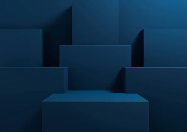 Koyu, su mavisi 3D, ürün gösterim podyumu için sade, minimal arkaplan oluşturma, sunum için ayakta durma geometrik arkaplan güzellik kozmetik ürünleri için şablon duvar kağıdı maketi