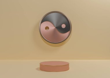 Açık bej, pastel turuncu 3D ürün görüntüleme arkaplanı basit, metalik Yin ve Yang sembollü minimal podyum ya da altın çizgili, doğa için zemin, kozmetik, lüks ürün fotoğrafçılığı