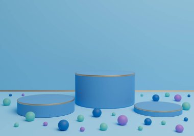 Üç podyumun parlak, açık mavi 3D sunumu ürün sunumu için altın çizgiler ve renkli misketlerle ürün sergisi veya lüks ürünler veya eğlenceli şekerler