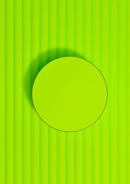 Bright, neon green 3D rendering of top view flat lay product display cylinder podium or stand product photography background or wallpaper, minimal, simple, luxury backdrop with golden line