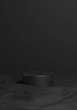 Siyah, koyu gri, siyah ve beyaz 3D minimal ürün görüntüleme bir lüks silindir podyum ya da dalgalı tekstil ürünü arka plan duvar kâğıdı soyut kompozisyonu ile altın çizgili