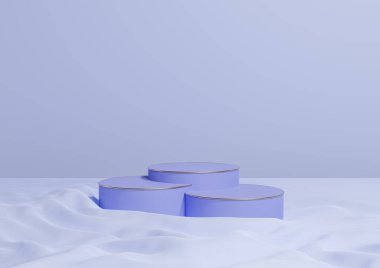 Işık, pastel mavi 3D görüntüleme minimal ürün üç lüks silindir podyum veya stand, dalgalı tekstil ürünü fotoğrafçılık arka plan apstrüksiyonu Altın çizgiler kozmetik