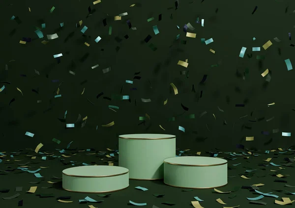 Dark, warm green 3D rendering product display three podiums stands with colorful confetti celebration anniversary advertising and golden lines for luxury products simple, minimal background