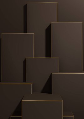 Koyu kahverengi 3D, basit, minimal, geometrik arkaplan ürünü, ürün reklamcılığı için duvar kağıdı şablonu için lüks ürünler için temel altın çizgiler sergiliyor