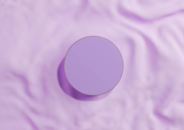 Hafif, pastel, eflatun mor 3D en düşük görünüm düz daire podyumu gösteren ya da yukarıdan lüks kozmetik ürün fotoğrafçılığı için dalgalı tekstil üzerine altın çizgili ayakta duran