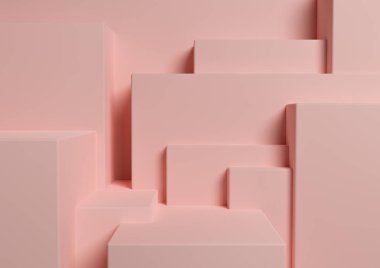 Pastel, açık kırmızı, somon pembe 3D ürün görüntüleme podyumu veya ürün fotoğrafçılığı veya reklam şehir silueti için basit, minimal, soyut, asimetrik arkaplan veya duvar kağıdı