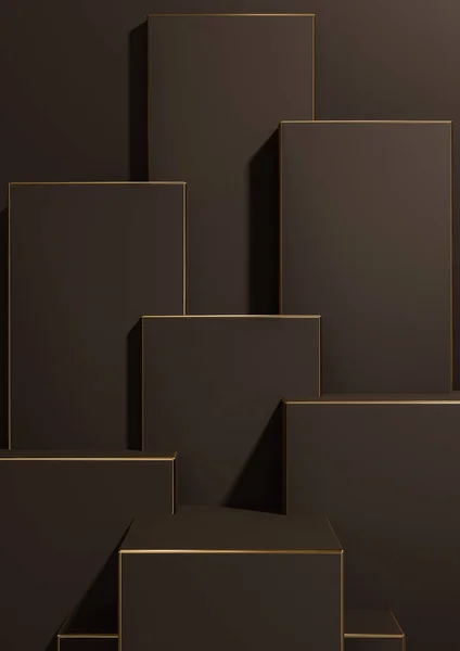 Koyu kahverengi 3D, basit, minimal, geometrik arkaplan ürünü, ürün reklamcılığı için duvar kağıdı şablonu için lüks ürünler için temel altın çizgiler sergiliyor