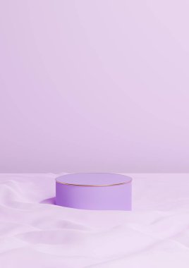Hafif, pastel, lavanta mor 3D minimal ürün görüntüleme bir lüks silindir podyum veya altın çizgili dalgalı tekstil ürünü arka plan duvar kağıdı soyut kompozisyonu
