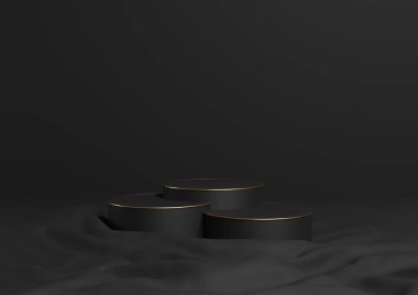 Siyah, koyu gri, siyah ve beyaz 3D minimal ürün görüntüleme üç lüks silindir podyum veya stantlar, dalgalı tekstil ürünü fotoğraf arkaplanı apstraktı altın çizgiler kozmetik