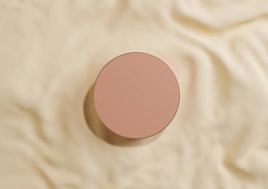 Açık bej, pastel turuncu 3D en düşük görünüm düz daire podyumu gösteren ya da yukarıdan lüks kozmetik ürün fotoğrafçılığı için dalgalı tekstil üzerine altın çizgili ayakta duran