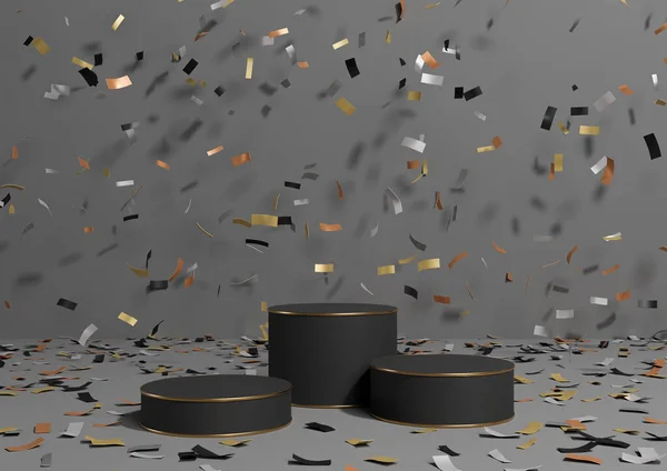 Dark graphite gray, black and white 3D rendering product display three podiums stands with colorful confetti celebration anniversary advertising and golden lines for luxury products simple, minimal background