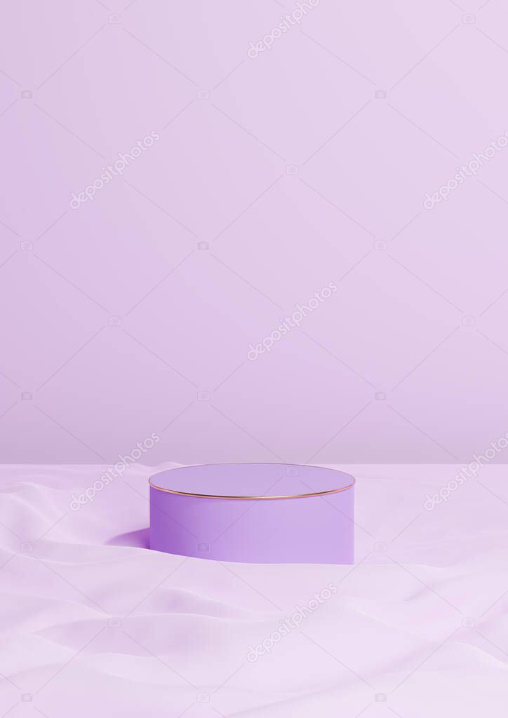 Light, pastel, lavender purple 3D rendering minimal product display one luxury cylinder podium or stand on wavy textile product background wallpaper abstract composition with golden line