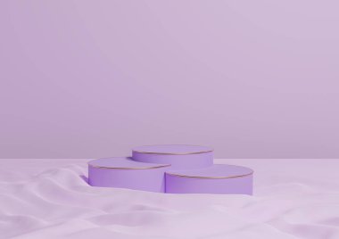 Işık, pastel, lavanta mor 3D minimal ürün görüntüleme üç lüks silindir podyum veya stantlar, dalgalı tekstil ürünü fotoğrafçılık arka plan apstrüksiyonu altın çizgiler kozmetik