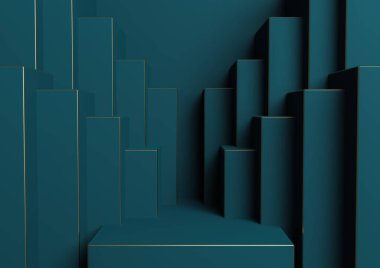 Koyu deniz mavisi, su mavisi 3D ürün görüntüleme podyumu veya lüks ürün tanıtımı için basit, minimal, simetrik, geometrik arka plan veya duvar kağıdı soyut şehir silüeti