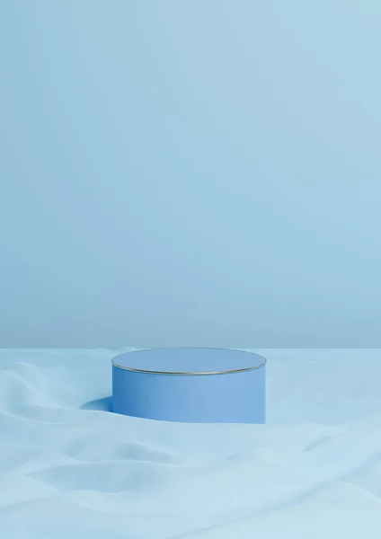明るく 光の空の青の3Dレンダリング最小限の製品は 1つの豪華なシリンダーの表彰台や波状の繊維製品の背景壁紙抽象的な組成金線でスタンド — ストック写真