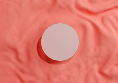 Parlak, neon, somon pembe 3D görüntüleme en düşük görünüm düz daire podyum ya da yukarıdan lüks kozmetik ürün fotoğrafçılığı için dalgalı tekstil üzerinde altın çizgi ile durmak