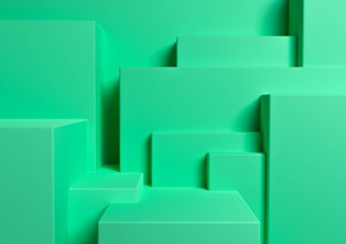 Parlak turkuaz yeşil 3D ürün görüntüleme podyumu veya ürün fotoğrafçılığı veya reklam şehir silueti için basit, minimal, soyut, asimetrik arkaplan veya duvar kağıdı