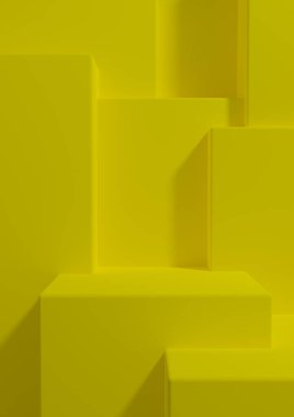 Parlak, neon sarısı 3D resimli ürün, podyumlu duvar kağıdı ya da basit, minimal, soyut, geometri ürünü fotoğrafçılığı üzerine bir iki lüks üründen önce ayakta durun.