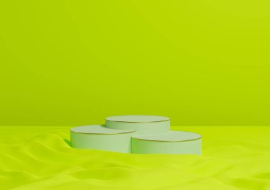 Parlak, kireç, neon yeşil 3D minimal ürün görüntüleme üç lüks silindir podyum veya stantlar, dalgalı tekstil ürünü fotoğrafçılık arka plan apstrüksiyonu altın çizgiler kozmetik