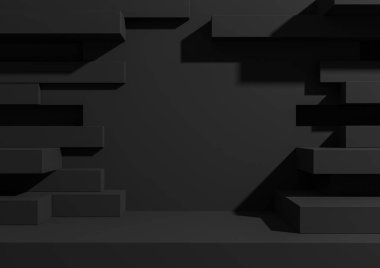 Siyah, koyu gri, siyah ve beyaz 3D ürün görüntüleme podyumu ya da ürün fotoğrafçılığı için soyut tuğla duvar ya da portal ile ayakta durun. Minimum, basit, geometrik arka plan kağıdı, lüks grunge ürünleri için.