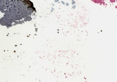 Kağıt desenli arka plan taramasının büyük renkli pembe, mor, siyah, kahverengi renk lekeleri, lekeler, noktalar ve lekeler ile yakın plan taraması.