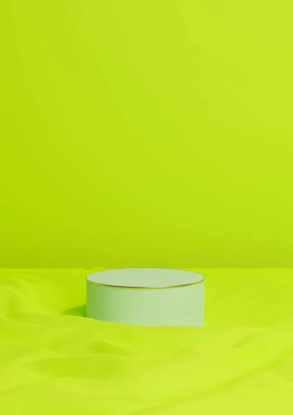 明るい ネオングリーンの3Dレンダリング最小限の製品は 1つの豪華なシリンダー表彰台を表示したり 波状の繊維製品の背景の壁紙抽象的な組成金線でスタンド — ストック写真