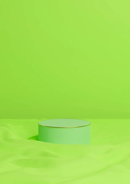 明るい ネオングリーンの3Dレンダリング最小限の製品は 1つの豪華なシリンダーの表彰台や波状の繊維製品の背景の壁紙抽象的な組成金線でスタンド — ストック写真