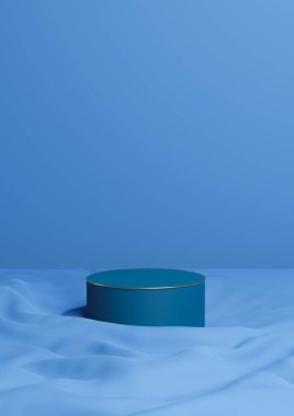 Parlak, koyu, pastel mavisi 3D, minimal ürün görüntüleme bir lüks silindir podyum ya da dalgalı tekstil ürünü arka plan duvar kağıdı soyut kompozisyonu ile altın çizgili