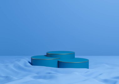 Parlak, koyu, pastel mavisi 3D minimal ürün görüntüleme üç lüks silindir podyum veya stantlar, dalgalı tekstil ürünü fotoğrafçılık arka plan apstrüksiyonu altın çizgiler kozmetik