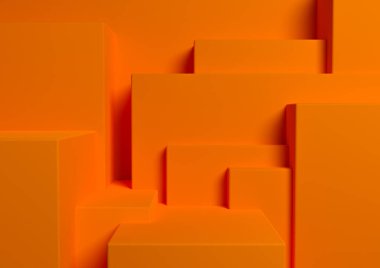 Neon turuncu, parlak kırmızı 3D ürün görüntüleme podyumu veya ürün fotoğrafçılığı veya reklam şehri silueti için basit, minimal, soyut, asimetrik arkaplan veya duvar kağıdı