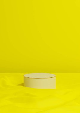 Parlak, neon sarısı 3D görüntüleme minimal ürün bir lüks silindir podyum ya da dalgalı tekstil ürünü arka plan duvar kağıdı soyut altın çizgisi kompozisyonu
