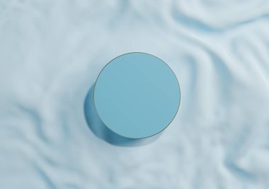 Işık, pastel, bebek mavisi 3D görüntüleme en düşük görünüm düz daire podyum ya da yukarıdan lüks kozmetik ürün fotoğrafçılığı için dalgalı tekstil üzerinde altın çizgi ile durmak