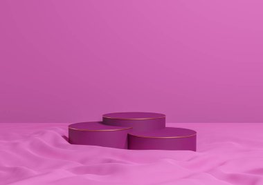 Parlak mor, neon pembe 3D görüntüleme minimal ürün üç lüks silindir podyum veya stantlar, dalgalı tekstil ürünü fotoğrafçılık arka plan apstrüksiyonu altın çizgiler kozmetik