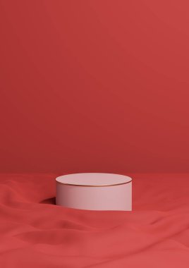 Parlak kestane rengi, koyu kırmızı 3D görüntüleme minimal ürün bir lüks silindir podyum ya da dalgalı tekstil ürünü arka plan duvar kağıdı soyut altın çizgisi kompozisyonu