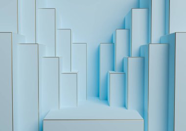 Işık, pastel, bebek mavisi 3D ürün görüntüleme podyumu veya lüks ürün tanıtımı için basit, minimal, simetrik, geometrik arka plan veya duvar kağıdı soyut şehir silüeti