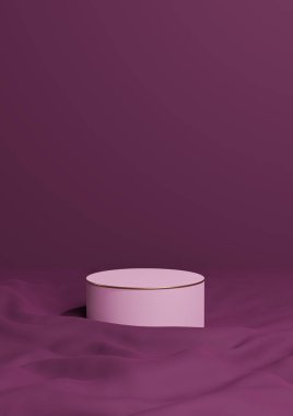 Koyu morumsu, mor 3D renkte, minimal ürün gösterimi bir lüks silindir podyum ya da dalgalı tekstil ürünü arka plan duvar kağıdı özeti, altın çizgili soyut kompozisyon