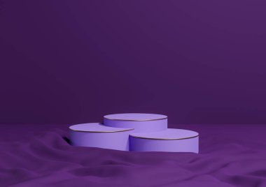 Koyu mor, menekşe rengi 3D, en küçük ürünü gösteren üç adet lüks silindir podyum veya standlar, dalgalı tekstil ürünü fotoğrafçılık arka plan apstrüksiyonu ve altın çizgiler kozmetik.