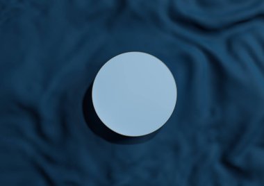 Dark, aqua blue 3D rendering minimal product display top view flat lay circle podium or stand with gold line on wavy textile for luxury cosmetic product photography from above