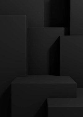 Siyah, koyu gri, siyah ve beyaz 3D ürün resimli duvar kağıdı podyumlu veya basit, minimal, soyut, geometri ürünü fotoğrafçılık arka planında bir veya iki lüks ürünün önünde iyi durun.