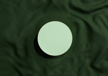 Koyu, sıcak yeşil 3D görüntüleme minimal görünüm düz daire podyum veya yukarıdan lüks kozmetik ürün fotoğrafçılığı için dalgalı tekstil altın çizgi ile ayakta
