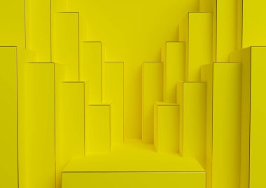Parlak, neon sarısı 3D ürün görüntüleme podyumu ya da lüks ürün tanıtımı için basit, minimal, simetrik, geometrik arka plan ya da duvar kağıdı soyut şehir silüeti
