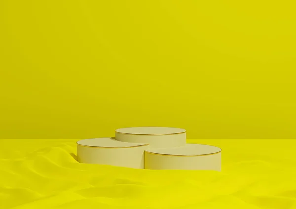 Bright, neon yellow 3D rendering minimal product display three luxury cylinder podiums or stands, on wavy textile product photography background apstract composition with golden lines cosmetic