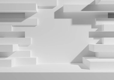 Beyaz, açık gri, siyah ve beyaz 3D ürün görüntüleme podyumu ya da ürün fotoğrafçılığı için soyut tuğla duvar ya da portal ile ayakta durun. Minimum, basit, geometrik arka plan kağıdı, lüks grunge ürünleri için.
