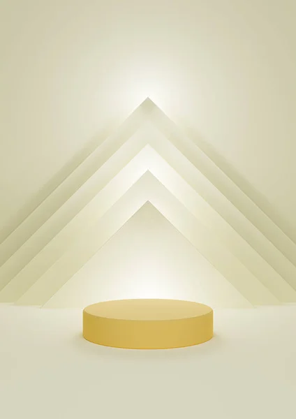 Pastel, light, citrus yellow 3D illustration simple, minimal product display with one cylinder stand with abstract pyramid triangle and lights at the top in the background